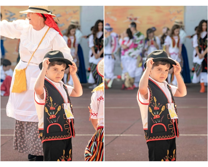 May include: A young boy wearing a black vest with colorful embroidery, a white shirt, and a black hat. He is holding the hat with both hands and looking at the camera.