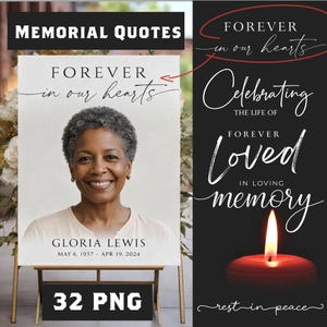 May include: A memorial sign with the text "Forever in our hearts" and a photo of a smiling woman. The sign includes the name "Gloria Lewis" and dates "May 6, 1957 - Apr 19, 2024." A black background features text and a lit candle.