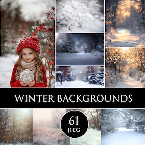 May include: A selection of winter backgrounds. The image shows a young girl in a red hat and sweater holding a snow-covered ball, alongside various winter landscape photos. The text on the image reads "Winter Backgrounds" and "61 JPEG".