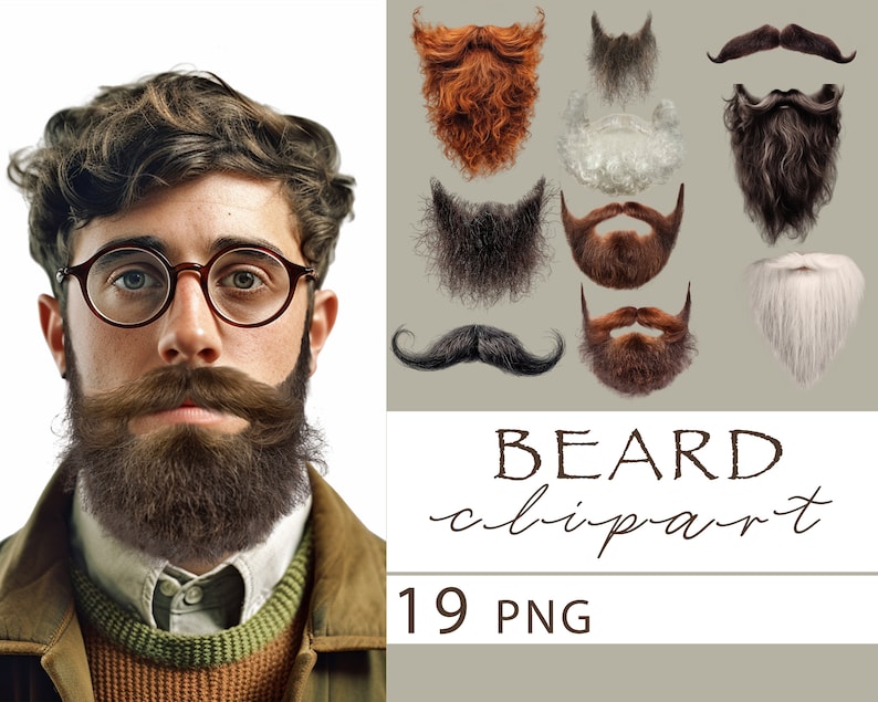 May include: A collection of 19 beard and moustache clipart images in PNG format. The images feature various styles of beards, moustaches, and goatees, including a red beard, a white beard, a brown beard, and a black moustache.