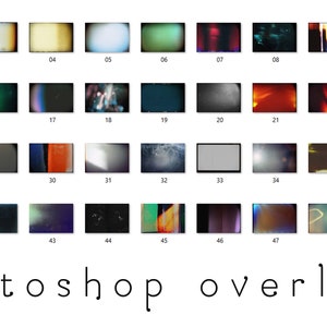 May include: Fifty different Photoshop overlays, each in a small square, arranged in five rows of ten. The overlays are a mix of textures, colors, and effects, including film grain, light leaks, and scratches.