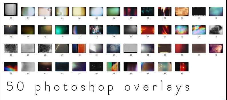 May include: Fifty different Photoshop overlays, each in a small square, arranged in five rows of ten. The overlays are a mix of textures, colors, and effects, including film grain, light leaks, and scratches.