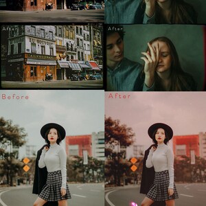 May include: A collage of three before and after images showing the effects of a vintage photo filter. The first image shows a couple in front of a building with the text "AU VOUVRAY" on the side. The second image shows a woman with her hand over her eye. The third image shows a woman wearing a black hat, white sweater, and plaid skirt standing on a street.