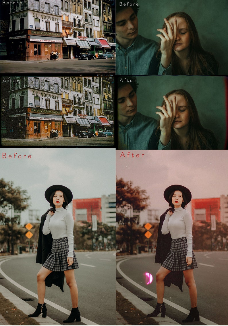 May include: A collage of three before and after images showing the effects of a vintage photo filter. The first image shows a couple in front of a building with the text "AU VOUVRAY" on the side. The second image shows a woman with her hand over her eye. The third image shows a woman wearing a black hat, white sweater, and plaid skirt standing on a street.