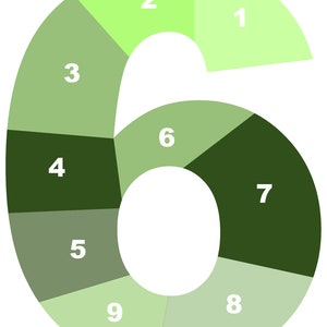May include: A green and white number six with nine sections, each labeled with a number from one to nine.
