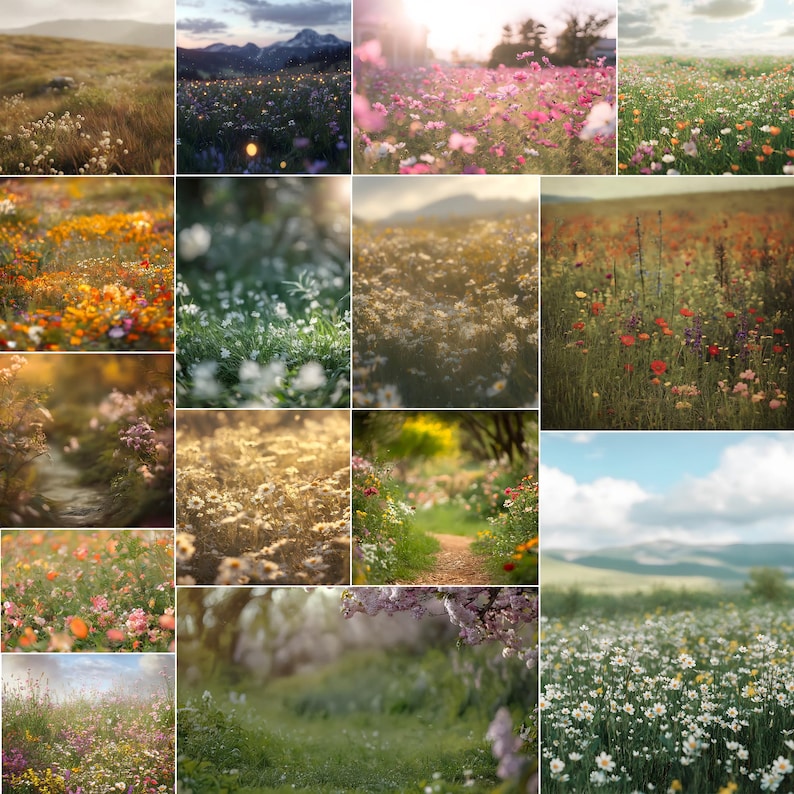 Puede incluir: Un collage de 12 im&aacute;genes que muestran diferentes prados de flores silvestres en diferentes colores y condiciones de iluminaci&oacute;n. Las im&aacute;genes muestran una variedad de flores silvestres, incluyendo margaritas, amapolas y flores silvestres en tonos de rosa, morado, amarillo y blanco.
