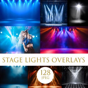 Superposición de luces de escenario, luz de destello de lente, fondo de foco, fondo de luces de escenario realistas, efectos de luces de escenario con escena de focos