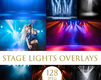 Scenbelysningsöverlägg, linsflare-ljus, spotlight-bakgrund, realistisk scenbelysningsbakgrund, scenljuseffekter med spotlights-scen