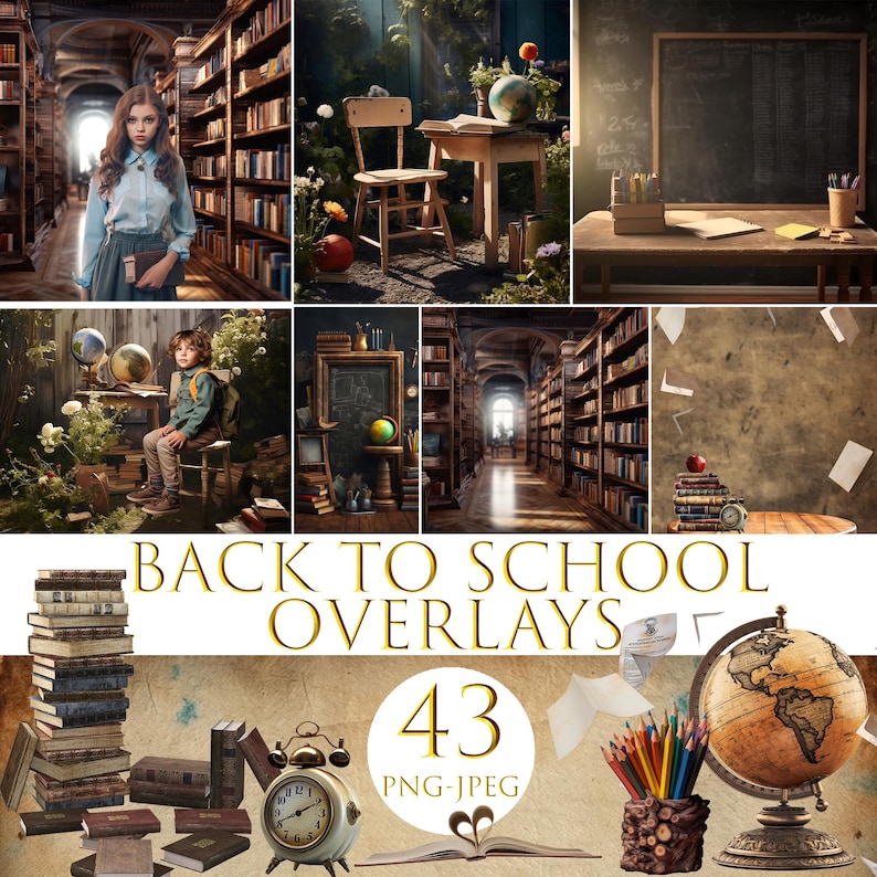 Back to school, Digital library background, vintage school backdrop, school classroom photo, graduation, library books, school memory book image 1