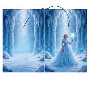 Op de afbeelding: Een vrouw in een lichtblauwe jurk staat in een besneeuwd, ijzig landschap en houdt een sneeuwvlokvormige toverstaf vast. De sc&egrave;ne speelt zich af in een winterwonderland met ijspegels en een met sneeuw bedekte grond, wat een magisch fantasiethema cre&euml;ert.