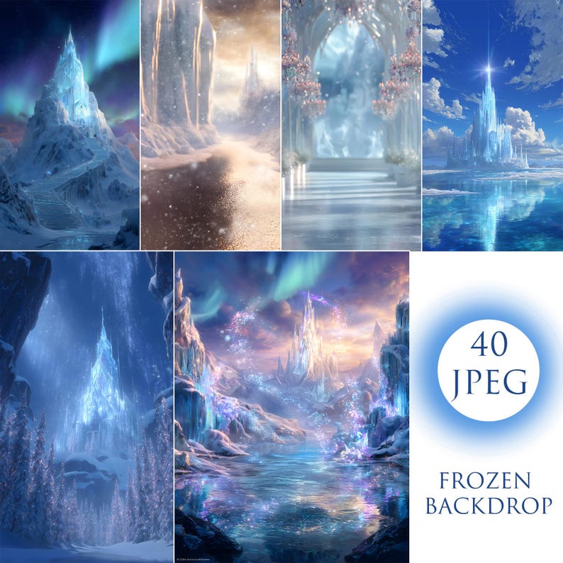 Op de afbeelding: Een verzameling digitale achtergronden met een winterthema. De afbeeldingen tonen ijzige kastelen, besneeuwde landschappen en aurora borealis-effecten. De tekst "40 JPEG" en "FROZEN BACKDROP" wordt weergegeven in een blauwe cirkel.