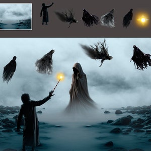 Puede incluir: Una persona con una t&uacute;nica oscura levanta una varita brillante hacia un grupo de figuras sombr&iacute;as flotando en el aire. Las figuras est&aacute;n envueltas en t&uacute;nicas oscuras y parecen ser fantasmales o et&eacute;reas. La escena se desarrolla en un paisaje rocoso y brumoso.