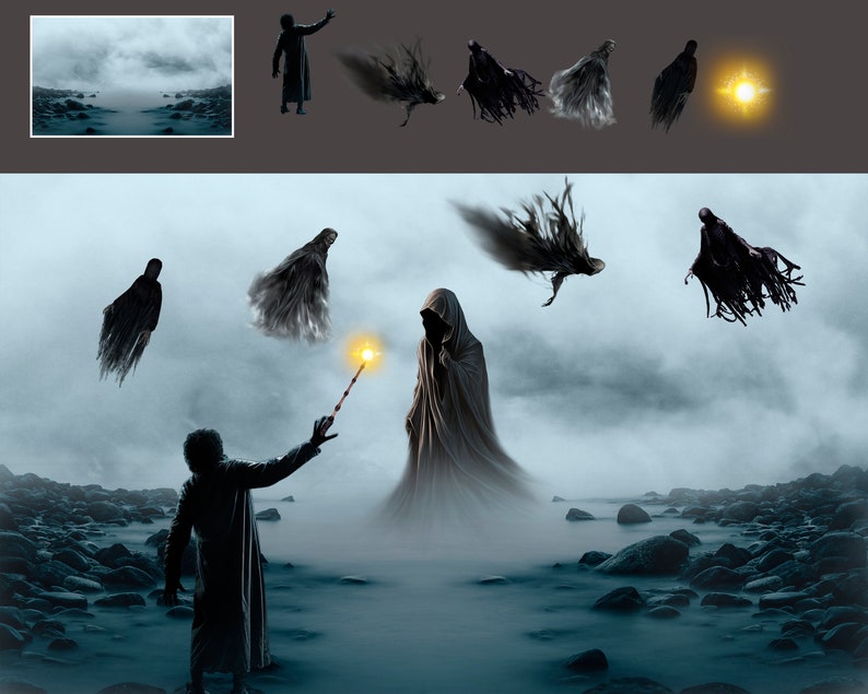 Puede incluir: Una persona con una t&uacute;nica oscura levanta una varita brillante hacia un grupo de figuras sombr&iacute;as flotando en el aire. Las figuras est&aacute;n envueltas en t&uacute;nicas oscuras y parecen ser fantasmales o et&eacute;reas. La escena se desarrolla en un paisaje rocoso y brumoso.