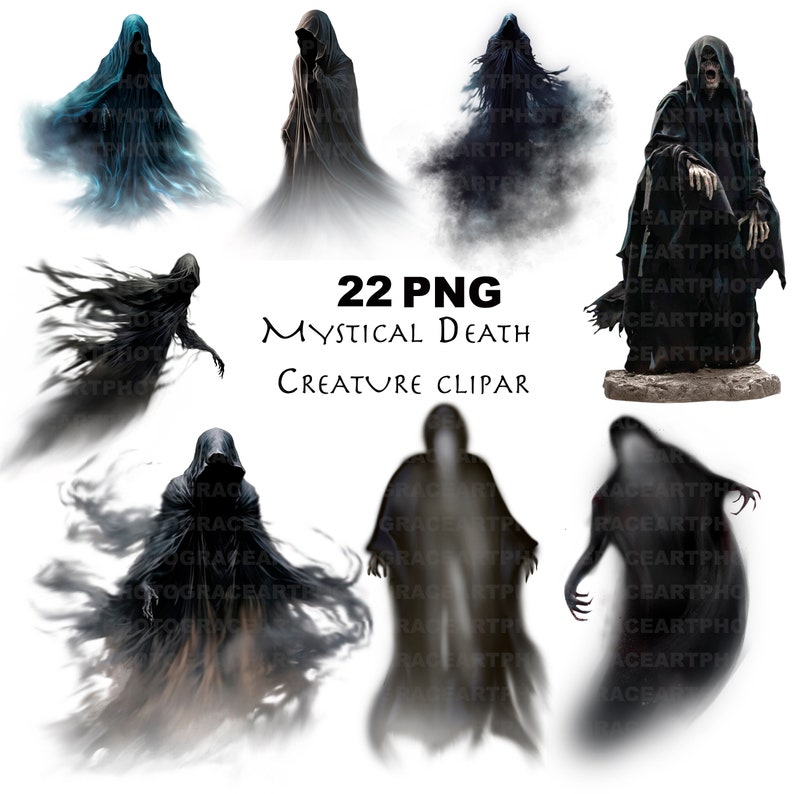 Puede incluir: Un conjunto de 22 im&aacute;genes digitales que presentan criaturas m&iacute;sticas de la muerte en varias poses. Las criaturas se representan como figuras sombr&iacute;as con t&uacute;nicas fluidas y apariencias et&eacute;reas. Las im&aacute;genes son perfectas para agregar un elemento espeluznante y misterioso a tus proyectos creativos.