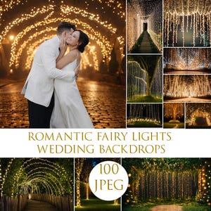 May include: A collage of images showcasing romantic fairy lights and wedding backdrops. The main image features a couple embracing under a tunnel of warm, glowing lights. Additional images display various light arrangements, including cascading strands and archways.