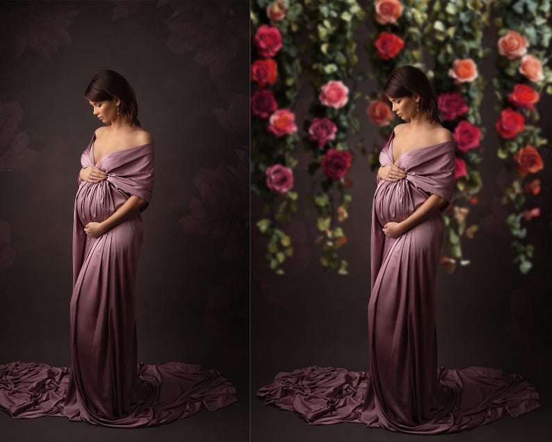May include: A pregnant person wearing a long, flowing, mauve-colored gown with a draped shawl. The background is a dark brown with a floral pattern.