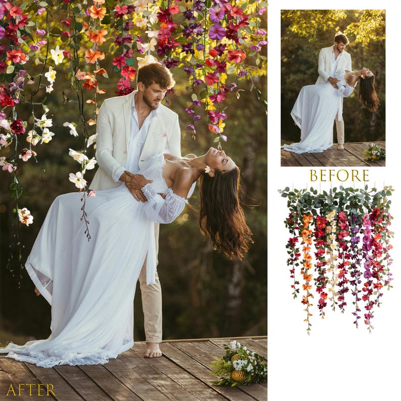 May include: A couple poses for a wedding photo under a floral archway. The bride is wearing a white dress and the groom is wearing a white suit jacket. The floral archway is made of pink, purple, and yellow flowers.