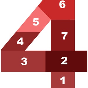 May include: A red and burgundy number four made of seven rectangular pieces. Each piece has a white number on it, from one to seven.