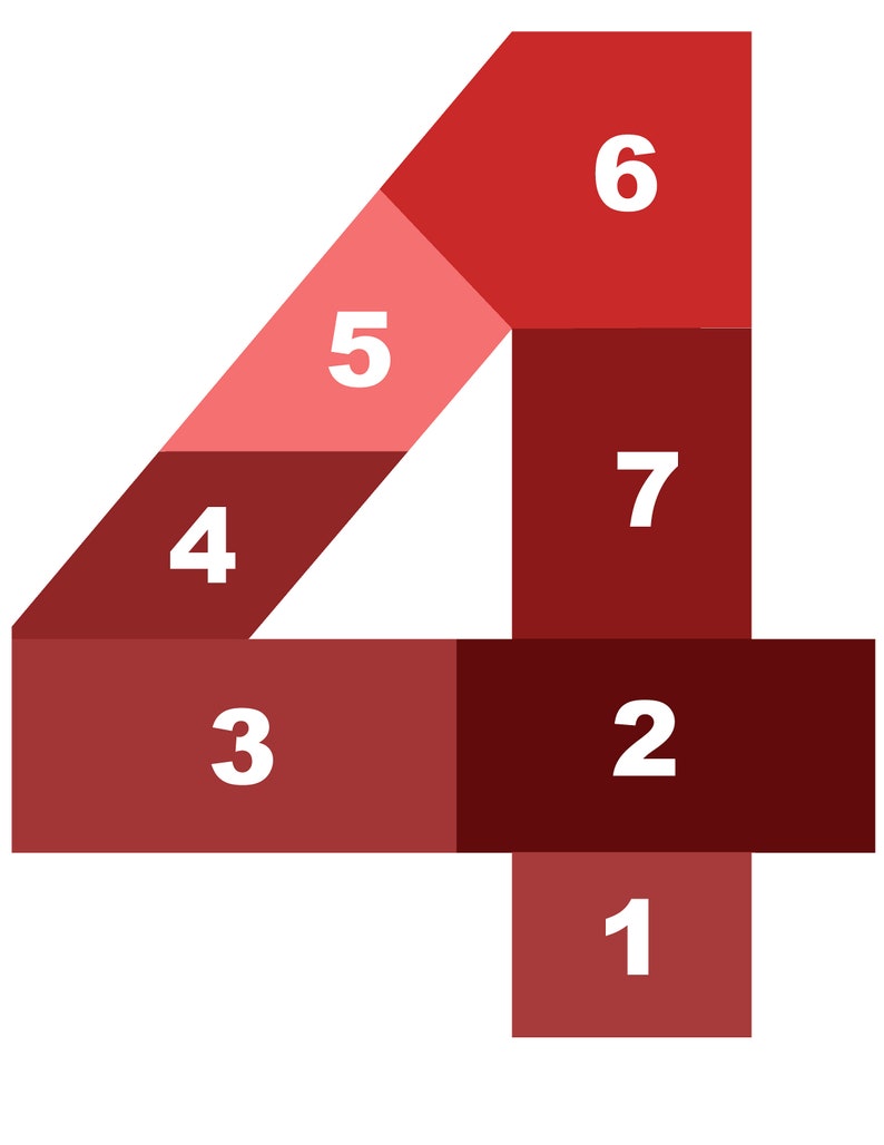 May include: A red and burgundy number four made of seven rectangular pieces. Each piece has a white number on it, from one to seven.