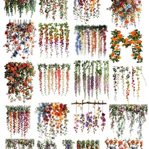 May include: Assortment of 15 artificial flower garlands with various colors and styles, including pink, purple, white, orange, and red flowers. The garlands are made of silk flowers and greenery, and they are perfect for adding a touch of elegance to any home or event.
