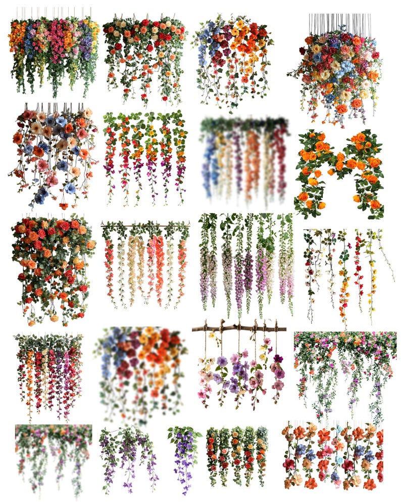 May include: Assortment of 15 artificial flower garlands with various colors and styles, including pink, purple, white, orange, and red flowers. The garlands are made of silk flowers and greenery, and they are perfect for adding a touch of elegance to any home or event.