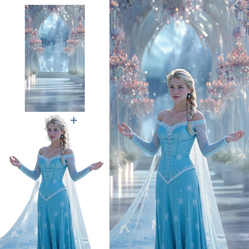 Op de afbeelding: Een vrouw in een lichtblauwe off-the-shoulder jurk met lange mouwen en een vloeiende cape. De jurk heeft een sneeuwvlokkenpatroon en witte kanten afwerking. De achtergrond toont een winterwonderlandschap met een gewelfde gang.