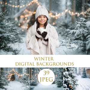 May include: A young person wearing a white knit hat, sweater, and scarf, holding a white mug in a snowy forest. The image has the text "WINTER DIGITAL BACKGROUNDS" and "39 JPEG". The background features snow-covered trees and soft bokeh lights.