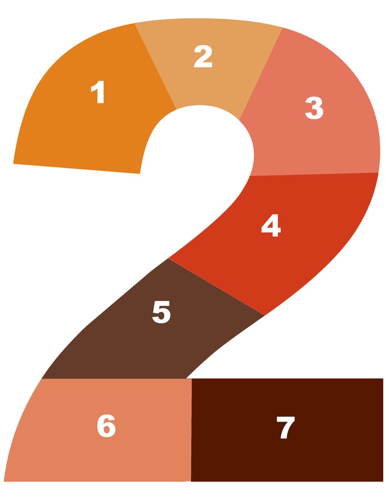 May include: A number two made of seven different colored sections. The sections are orange, peach, coral, red, brown, and two shades of brown. Each section is numbered 1 through 7.