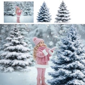 May include: A young child in a pink winter outfit, including a hat, scarf, coat, gloves, and boots, stands in a snowy forest. The child is looking up at falling snowflakes, with evergreen trees in the background. The scene evokes a winter wonderland.