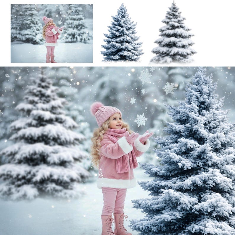 May include: A young child in a pink winter outfit, including a hat, scarf, coat, gloves, and boots, stands in a snowy forest. The child is looking up at falling snowflakes, with evergreen trees in the background. The scene evokes a winter wonderland.