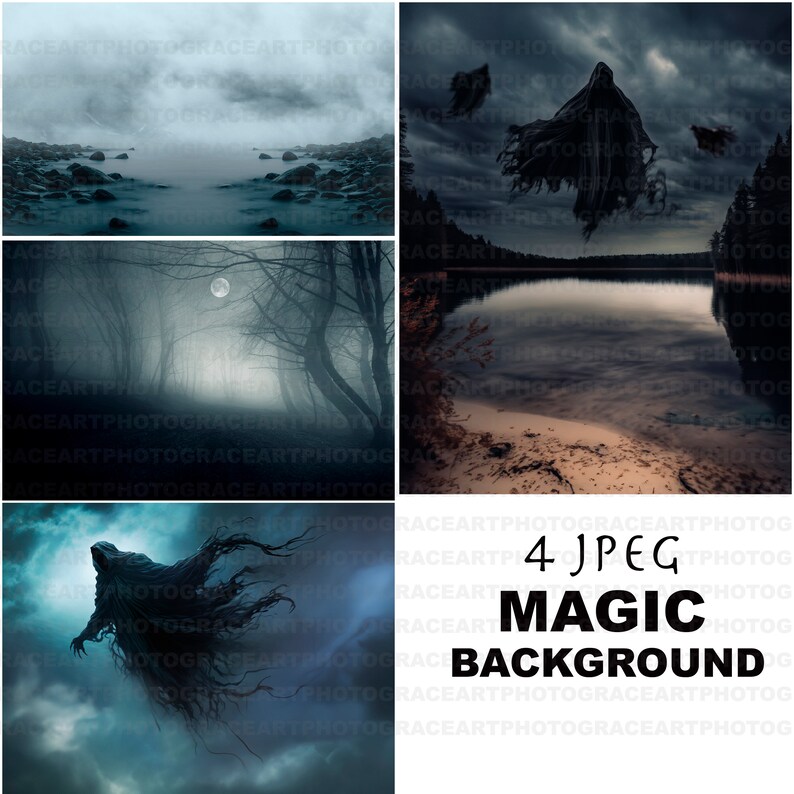 Puede incluir: Un conjunto de cuatro fondos digitales que presentan escenas oscuras y melanc&oacute;licas con niebla, agua y figuras sombr&iacute;as. El texto "4 JPEG MAGIC BACKGROUND" se muestra en la esquina inferior derecha.