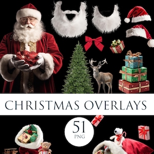 May include: A collection of Christmas-themed overlays on a black background. Includes Santa Claus, beards, hats, a red bow, a Christmas tree, a reindeer, wrapped gifts, and the text "CHRISTMAS OVERLAYS" and "51 PNG".