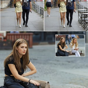 May include: Three women are pictured in a city setting. Two women are walking down a sidewalk, while the third woman is sitting on a bench. The woman on the bench is wearing a black crop top and black pants. She is holding a light brown handbag.