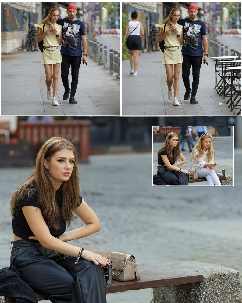 May include: Three women are pictured in a city setting. Two women are walking down a sidewalk, while the third woman is sitting on a bench. The woman on the bench is wearing a black crop top and black pants. She is holding a light brown handbag.