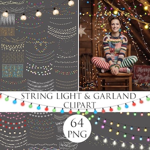 Puede incluir: Un conjunto de imágenes prediseñadas digitales con varios diseños de luces de cadena y guirnaldas. La imagen incluye múltiples arreglos de luces de hadas, con diferentes colores y formas. También se ve el texto "STRING LIGHT & GARLAND CLIPART" y "64 PNG".