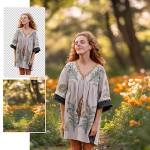 Puede incluir: Una mujer con el pelo rojo rizado lleva un vestido gris claro con bordados florales verdes y amarillos. Est&aacute; de pie en un campo de flores amarillas.