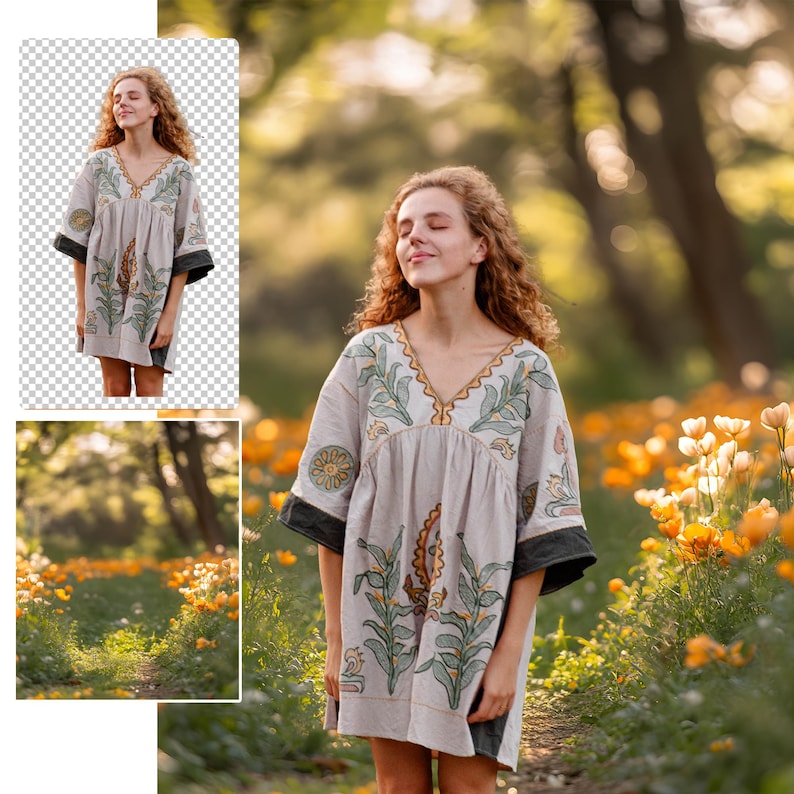 Puede incluir: Una mujer con el pelo rojo rizado lleva un vestido gris claro con bordados florales verdes y amarillos. Est&aacute; de pie en un campo de flores amarillas.