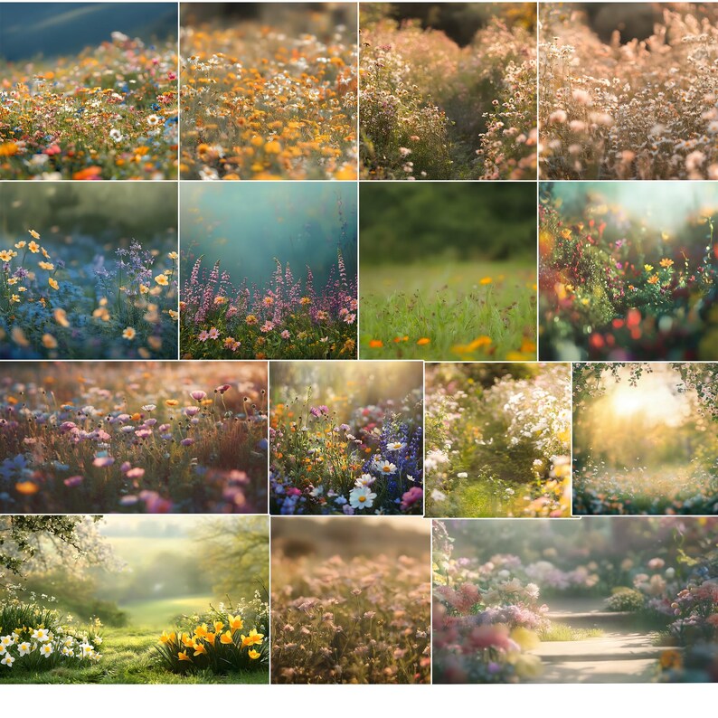 Puede incluir: Una colecci&oacute;n de 12 fondos digitales con varias flores silvestres coloridas y follaje verde. Estos fondos son perfectos para agregar un toque de naturaleza a tus dise&ntilde;os digitales.