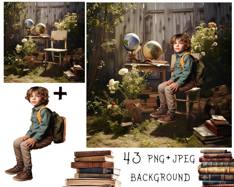 May include: A young boy wearing a green shirt and khaki pants sits on a wooden chair in a whimsical outdoor setting. He is wearing a backpack and holding a book. The background features a wooden fence, a globe, and a stack of books.