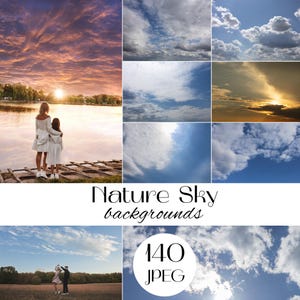 May include: A collection of 140 JPEG digital files featuring various nature sky backgrounds, including sunset scenes with water reflections, blue skies with white clouds, and dramatic golden hour lighting, labeled Nature Sky backgrounds.