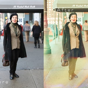 May include: A woman wearing a black coat over a brown blazer, a black beret, and a gold necklace. She is carrying a brown leather handbag and is standing on a sidewalk in front of a building.