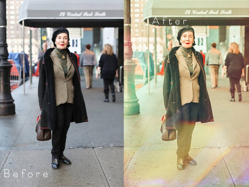 May include: A woman wearing a black coat over a brown blazer, a black beret, and a gold necklace. She is carrying a brown leather handbag and is standing on a sidewalk in front of a building.
