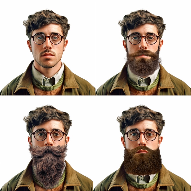May include: Four images of a person with different beard styles. The person is wearing a brown jacket, a white shirt, and a green jumper. The person has brown hair and is wearing round glasses.