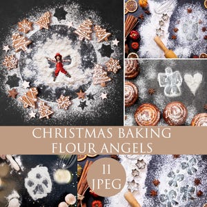 Puede incluir: Un collage de imágenes que muestran la repostería navideña. La imagen principal muestra a un niño vestido de rojo acostado en harina, rodeado de galletas de jengibre y cortadores en forma de estrella. Otras imágenes muestran ingredientes y utensilios para hornear.