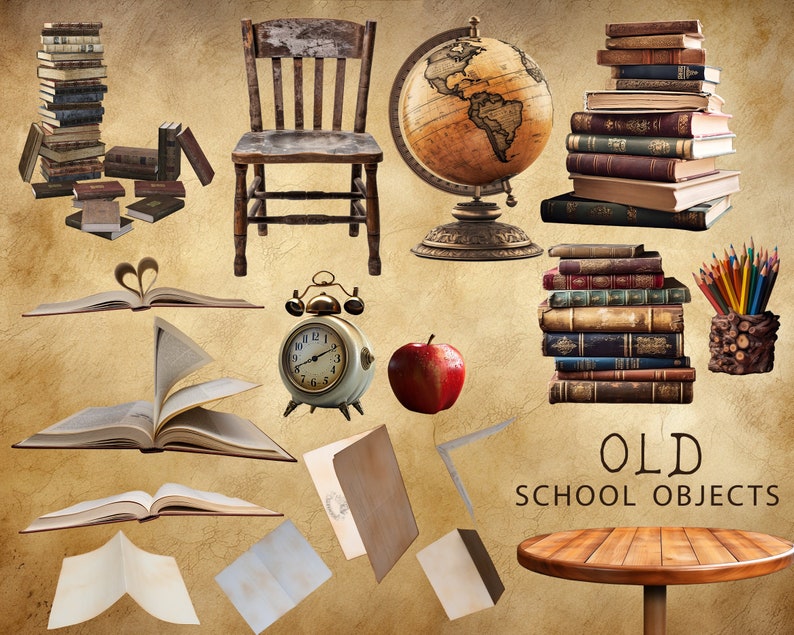 May include: A collection of vintage school objects, including a wooden chair, a globe, a stack of books, an alarm clock, a red apple, a set of pencils, and a wooden table. The objects are arranged on a brown background with the text "OLD SCHOOL OBJECTS" in black.