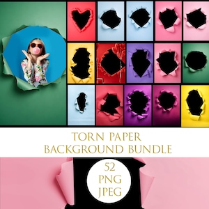 May include: A collection of colorful torn paper backgrounds. The image features a grid of various colored papers with torn holes, and a person blowing a bubblegum bubble. The text "Torn Paper Background Bundle" is also visible.