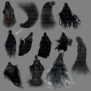Puede incluir: Una ilustraci&oacute;n digital de 10 figuras negras con capucha y t&uacute;nicas flotantes. Las figuras est&aacute;n en varias poses y parecen flotar o levitar en el aire.