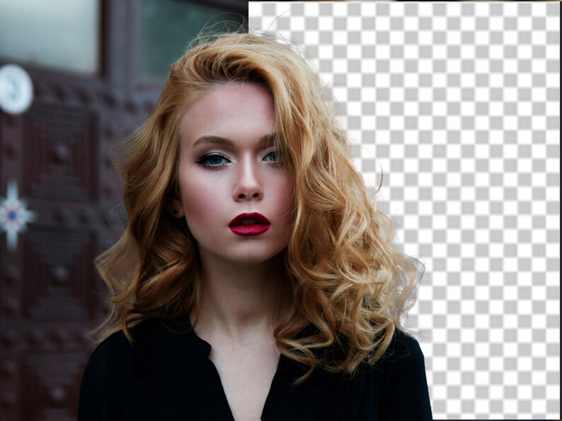 May include: A woman with long, curly blonde hair wearing a black top and red lipstick. She is looking directly at the camera.