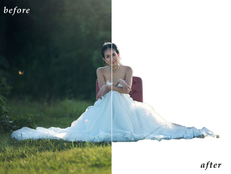 May include: A bride in a white wedding dress sits on a red chair in a grassy field. The background is blurred and the bride is smiling at the camera.