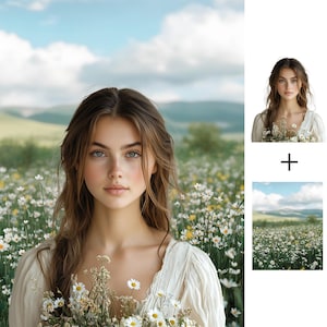 Puede incluir: Una mujer con el pelo largo y casta&ntilde;o se encuentra en un campo de margaritas blancas. Lleva un vestido blanco y sostiene un ramo de margaritas. El cielo es azul y hay nubes en el fondo.